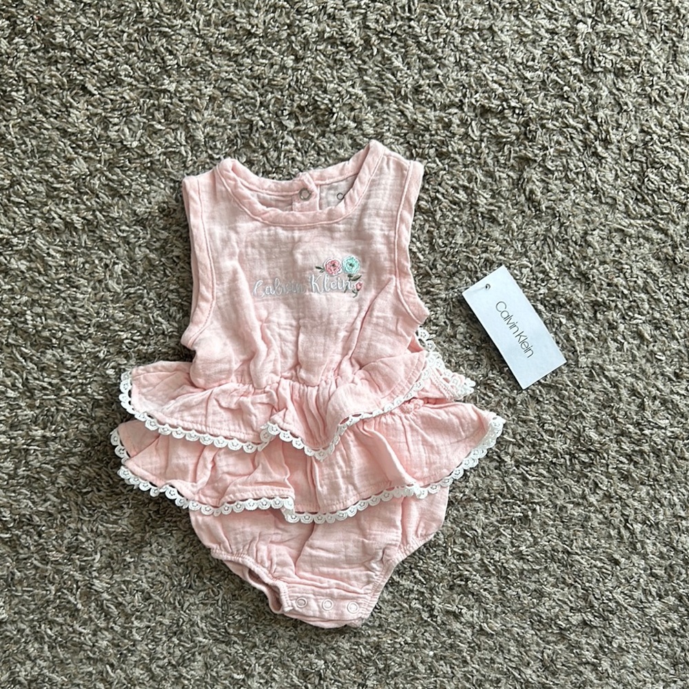 Brand New with tag Calvin Klein Pink Ruffled Baby Romper